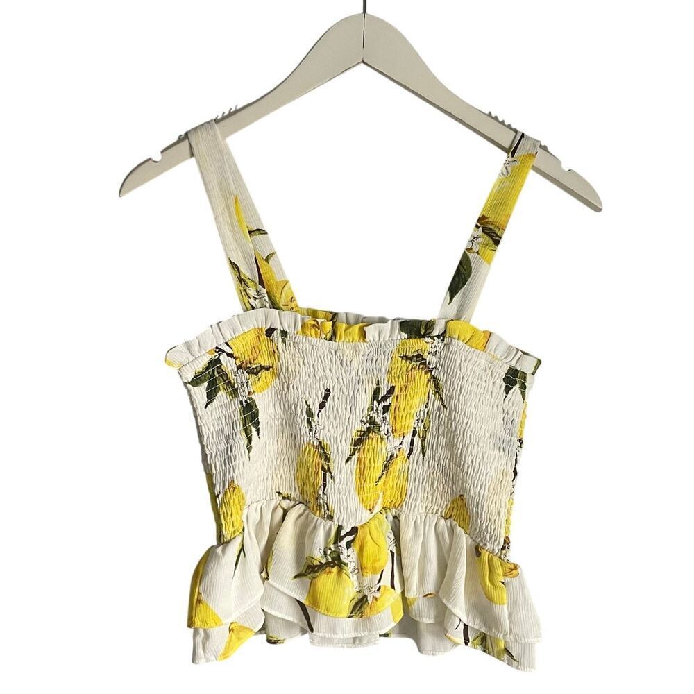 Aqua White Yellow Peplum Tank Top Smocked Lemons Novelty Prep Summer Vacation M‎